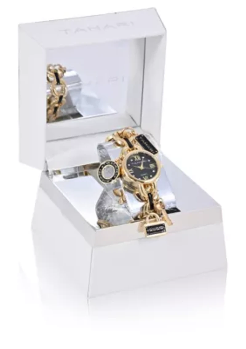 TAHARI Ladies Black and Gold Charm Watch