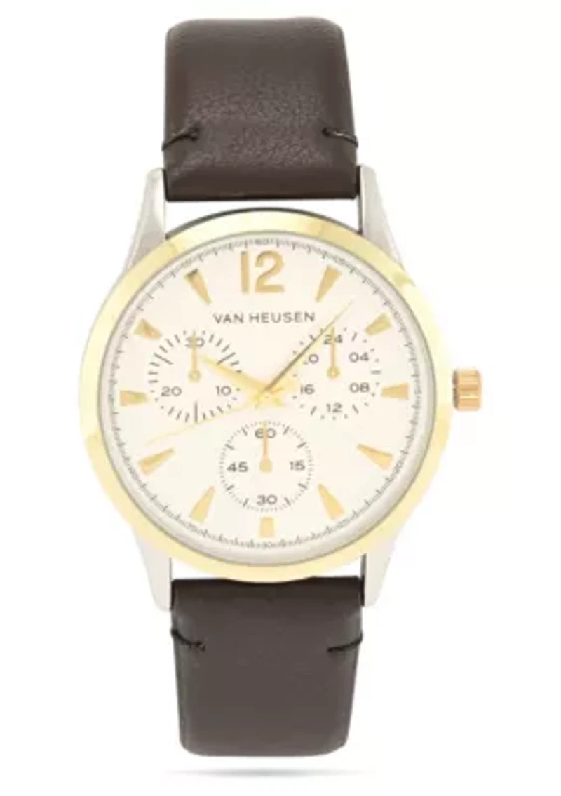 Van Heusen Adult Mens Analog Watch with Two-Tone Gold Silver Case and Brown Strap Model# VAN5614