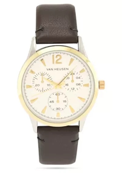 Van Heusen Adult Mens Analog Watch with Two-Tone Gold Silver Case and Brown Strap Model# VAN5614