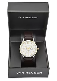 Van Heusen Adult Mens Analog Watch with Two-Tone Gold Silver Case and Brown Strap Model# VAN5614