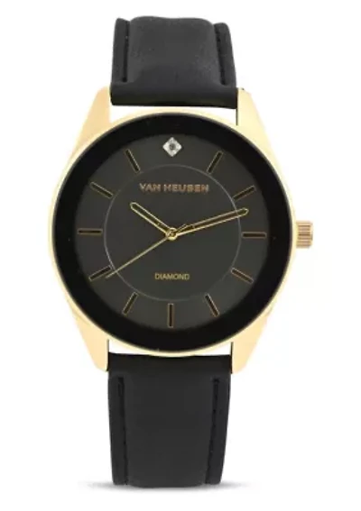 Van Heusen Adult Mens Analog Watch with Two-Tone Gold Black Case and Black Strap w Genuine Diamond at 12 Model# VAN5626
