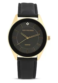 Van Heusen Adult Mens Analog Watch with Two-Tone Gold Black Case and Black Strap w Genuine Diamond at 12 Model# VAN5626