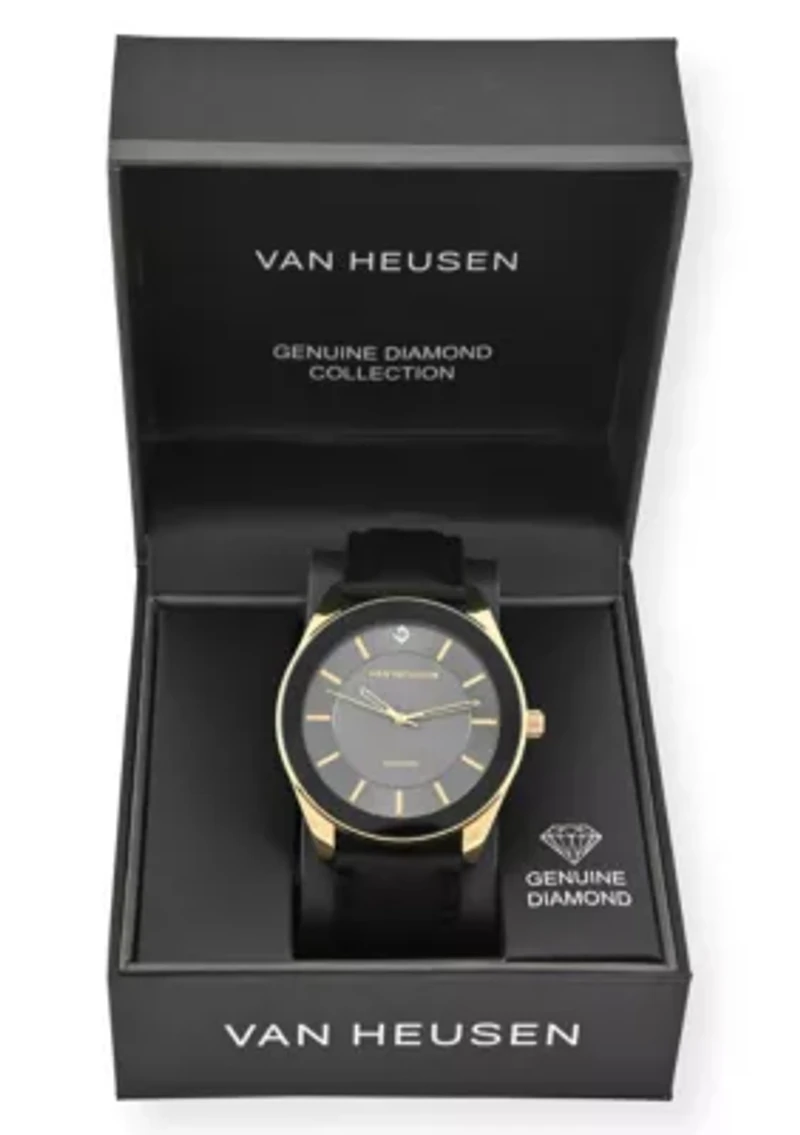 Van Heusen Adult Mens Analog Watch with Two-Tone Gold Black Case and Black Strap w Genuine Diamond at 12 Model# VAN5626