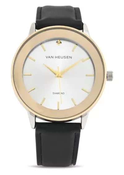 Van Heusen Adult Mens Analog Watch with Two-Tone Gold Silver Case and Black Strap w Genuine Diamond at 12 Model# VAN5668