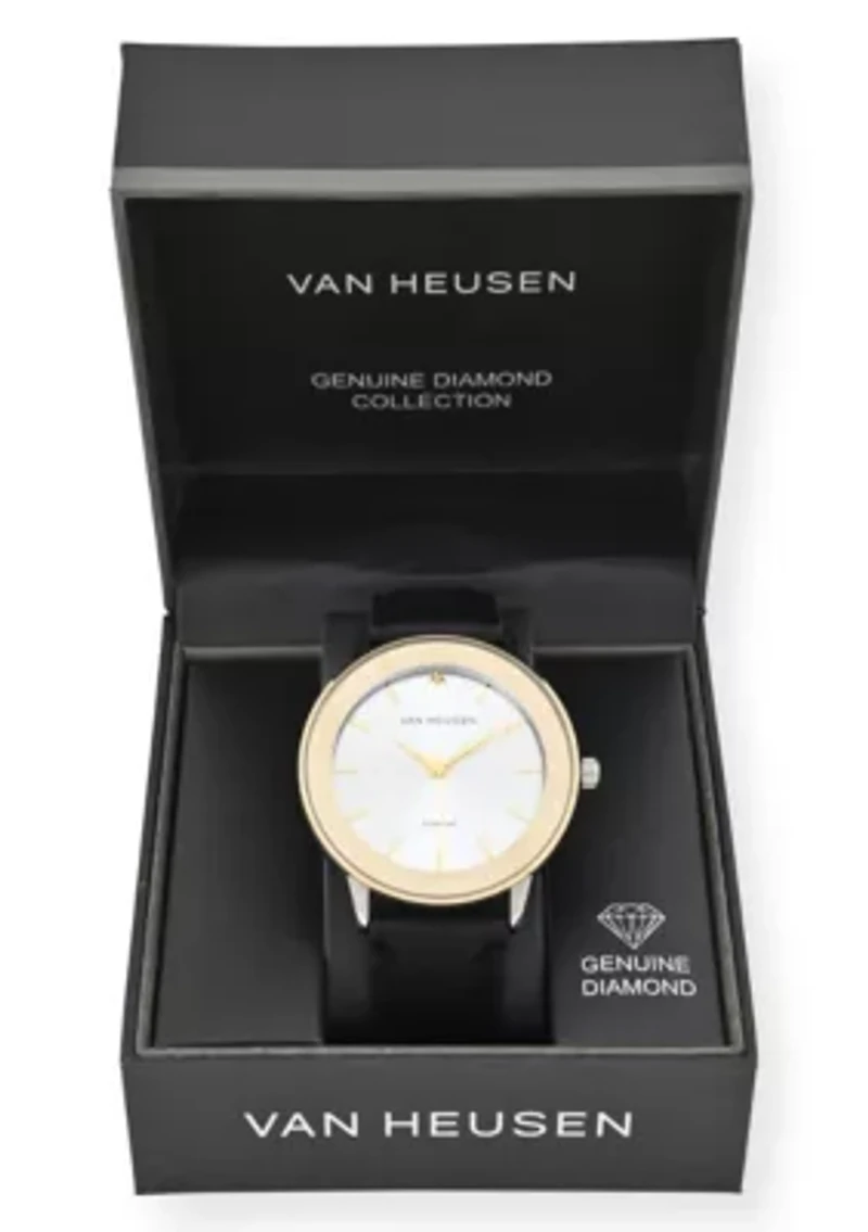 Van Heusen Adult Mens Analog Watch with Two-Tone Gold Silver Case and Black Strap w Genuine Diamond at 12 Model# VAN5668
