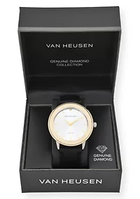 Van Heusen Adult Mens Analog Watch with Two-Tone Gold Silver Case and Black Strap w Genuine Diamond at 12 Model# VAN5668