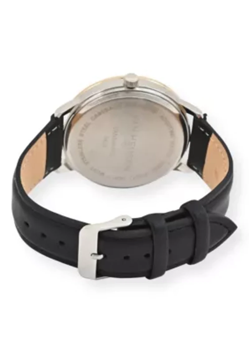Van Heusen Adult Mens Analog Watch with Two-Tone Gold Silver Case and Black Strap w Genuine Diamond at 12 Model# VAN5668
