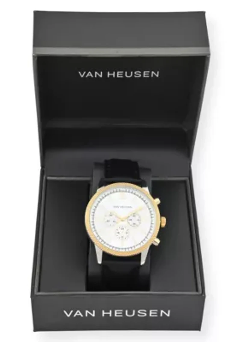 Van Heusen Adult Mens Analog Watch with Two-Tone Gold Silver Case and Black Strap Model# VAN5845