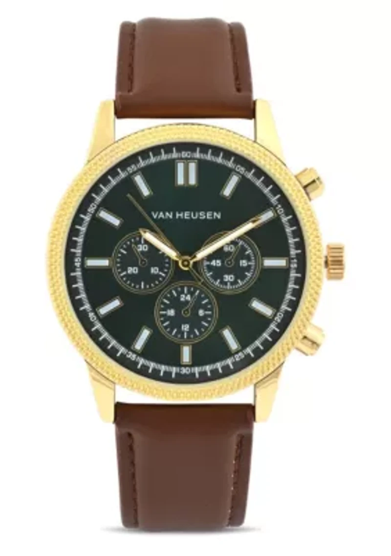 Van Heusen Adult Mens Analog Watch with Two-Tone Gold Silver Case and Brown Strap Model# VAN5847