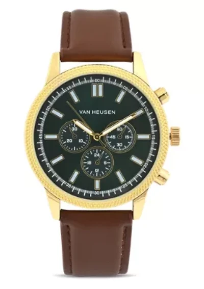 Van Heusen Adult Mens Analog Watch with Two-Tone Gold Silver Case and Brown Strap Model# VAN5847