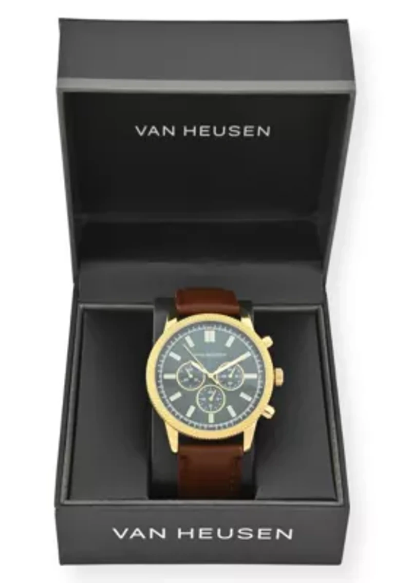 Van Heusen Adult Mens Analog Watch with Two-Tone Gold Silver Case and Brown Strap Model# VAN5847