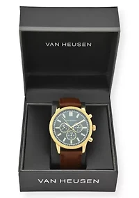 Van Heusen Adult Mens Analog Watch with Two-Tone Gold Silver Case and Brown Strap Model# VAN5847