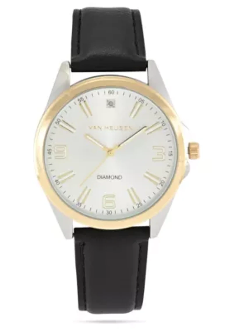 Van Heusen Adult Mens Analog Watch with Two-Tone Silver and Gold Case and Black Strap w Genuine Diamond at 12 Model# VAN5871