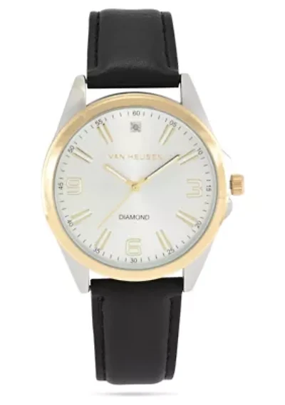Van Heusen Adult Mens Analog Watch with Two-Tone Silver and Gold Case and Black Strap w Genuine Diamond at 12 Model# VAN5871
