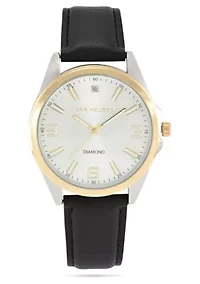 Van Heusen Adult Mens Analog Watch with Two-Tone Silver and Gold Case and Black Strap w Genuine Diamond at 12 Model# VAN5871
