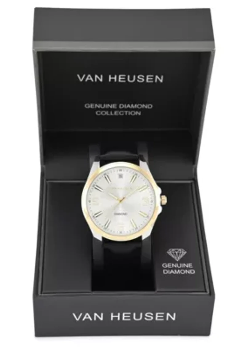 Van Heusen Adult Mens Analog Watch with Two-Tone Silver and Gold Case and Black Strap w Genuine Diamond at 12 Model# VAN5871
