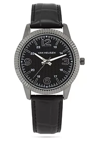 Van Heusen Adult Mens Analog Watch with Gun Metal Case and Black Crocodile Strap Model# VAN5909