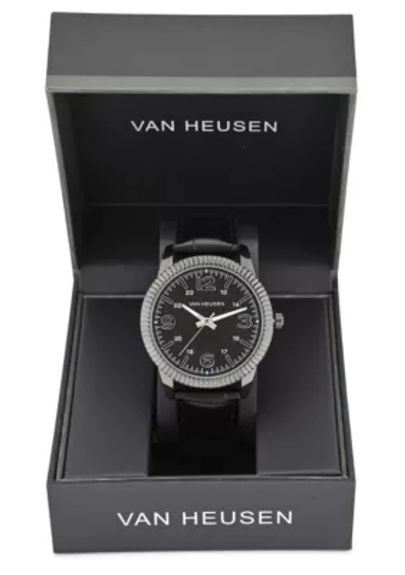 Van Heusen Adult Mens Analog Watch with Gun Metal Case and Black Crocodile Strap Model# VAN5909