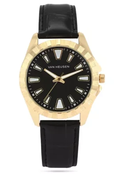 Van Heusen Adult Mens Analog Watch with Gold Case Black Dial and Black Crocodile Strap Model# VAN5913