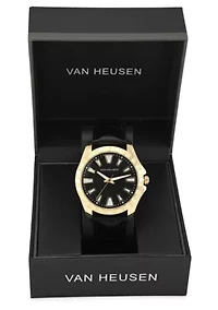 Van Heusen Adult Mens Analog Watch with Gold Case Black Dial and Black Crocodile Strap Model# VAN5913