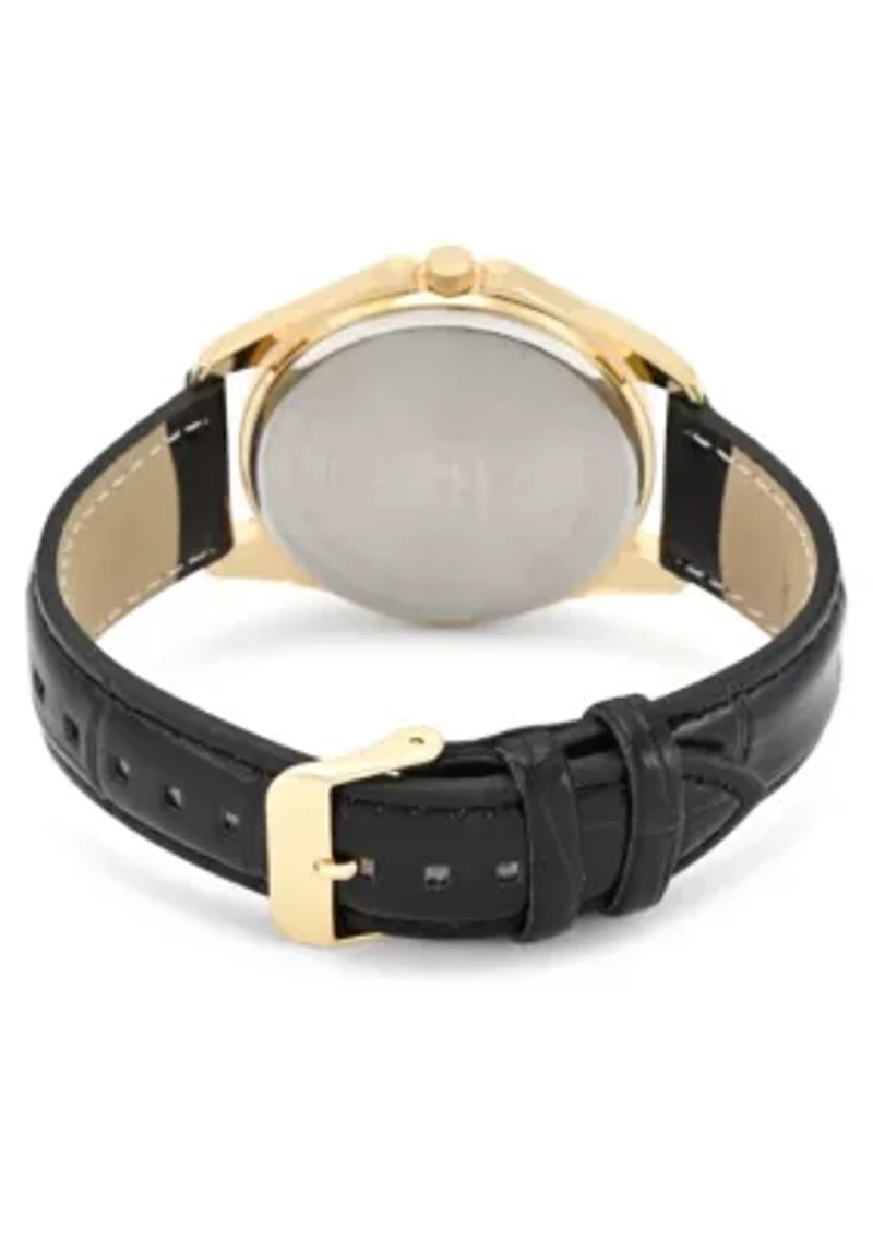 Van Heusen Adult Mens Analog Watch with Gold Case Black Dial and Black Crocodile Strap Model# VAN5913
