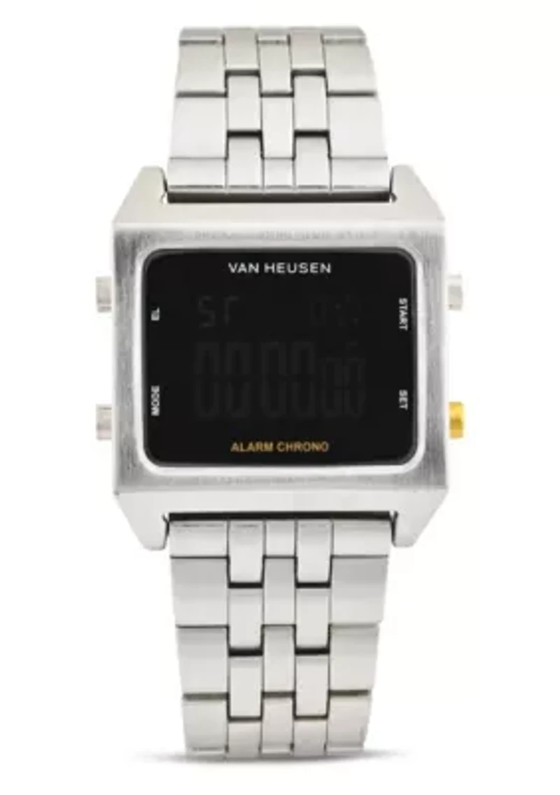 Van Heusen Adult Mens Digital Watch with Silvertone Case Black Dial and Silver Bracelet Model# VAN7012