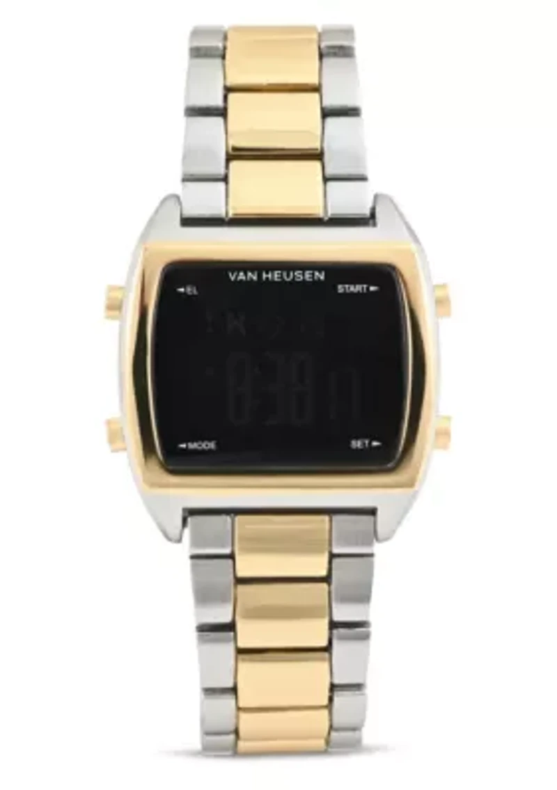 Van Heusen Adult Mens Digital Watch with Two-Tone Gold Silver Case Black Dial and Two-Tone Bracelet Model# VAN7014