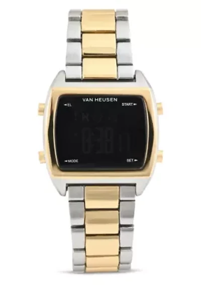Van Heusen Adult Mens Digital Watch with Two-Tone Gold Silver Case Black Dial and Two-Tone Bracelet Model# VAN7014