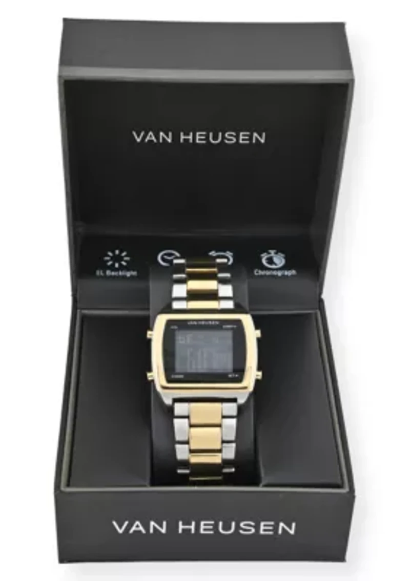 Van Heusen Adult Mens Digital Watch with Two-Tone Gold Silver Case Black Dial and Two-Tone Bracelet Model# VAN7014