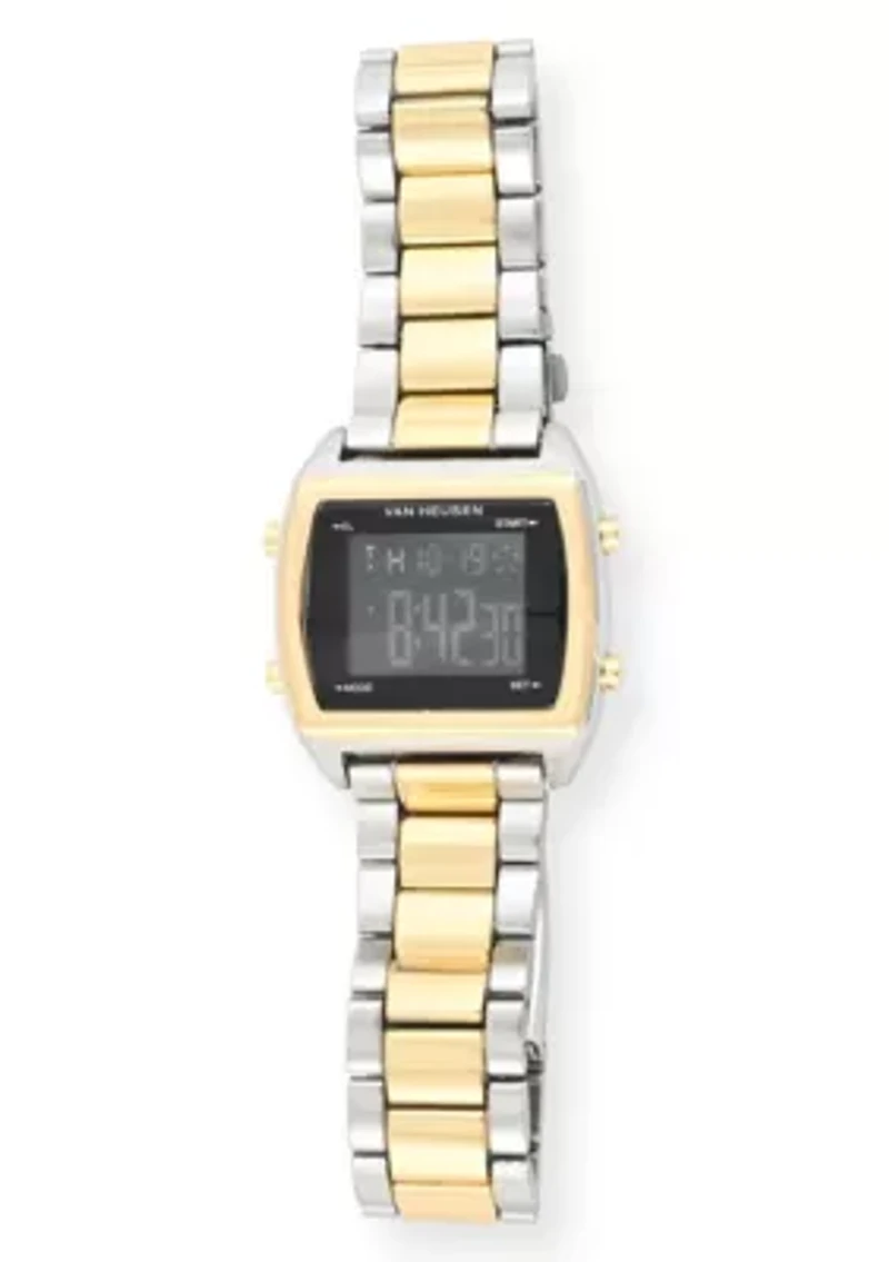 Van Heusen Adult Mens Digital Watch with Two-Tone Gold Silver Case Black Dial and Two-Tone Bracelet Model# VAN7014