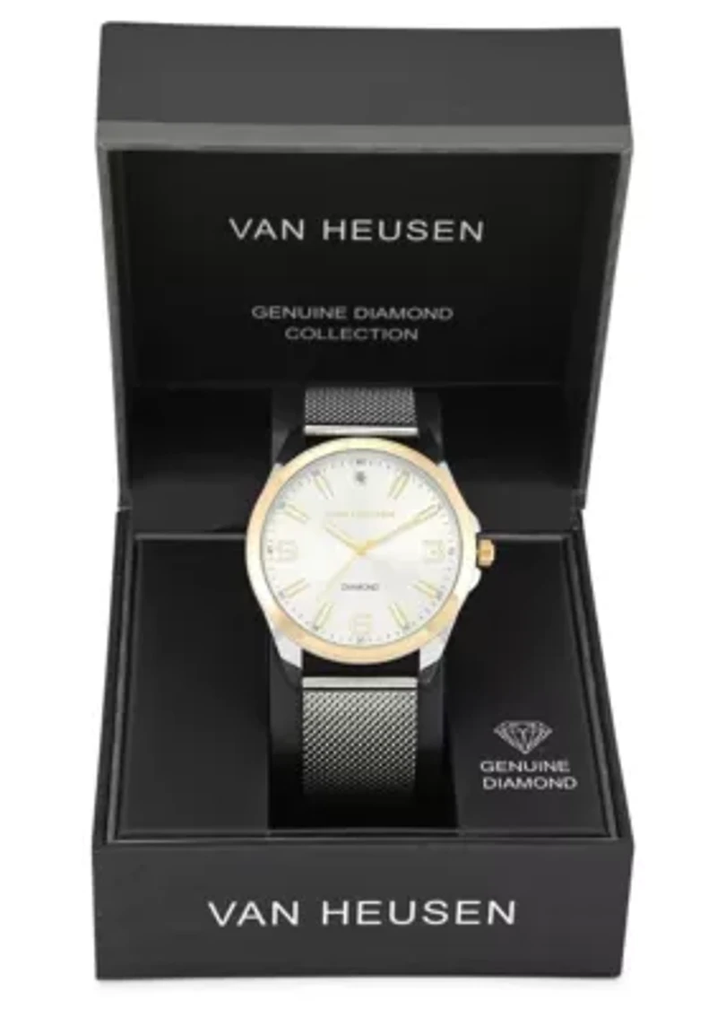 Van Heusen Adult Mens Analog Watch with Two-Tone Silver Gold Case with Silver Mesh Bracelet w Diamond at 12 Model# VAN80327