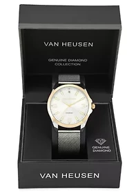 Van Heusen Adult Mens Analog Watch with Two-Tone Silver Gold Case with Silver Mesh Bracelet w Diamond at 12 Model# VAN80327