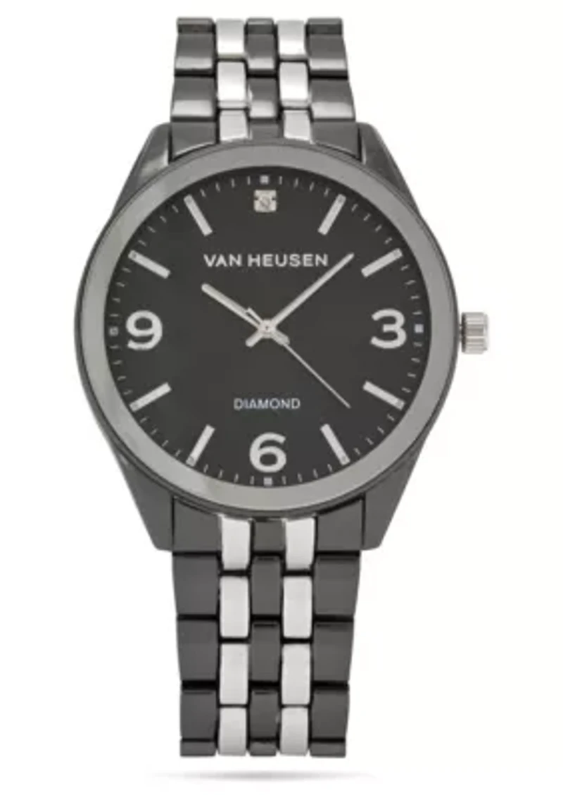 Van Heusen Adult Mens Analog Watch with Two-Tone Silver Black Case and Bracelet w Diamond at 12 Model# VAN80335