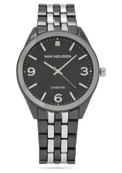 Van Heusen Adult Mens Analog Watch with Two-Tone Silver Black Case and Bracelet w Diamond at 12 Model# VAN80335