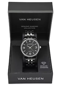 Van Heusen Adult Mens Analog Watch with Two-Tone Silver Black Case and Bracelet w Diamond at 12 Model# VAN80335