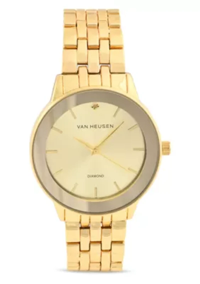 Van Heusen Adult Mens Analog Watch with Gold Case and Dial with Bracelet w Genuine Diamond at 12 Model# VAN8988