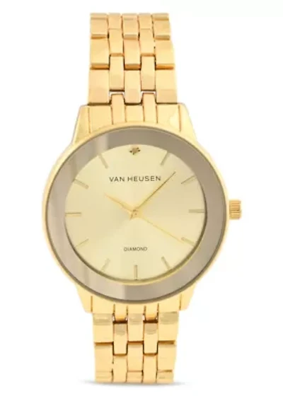 Van Heusen Adult Mens Analog Watch with Gold Case and Dial with Bracelet w Genuine Diamond at 12 Model# VAN8988