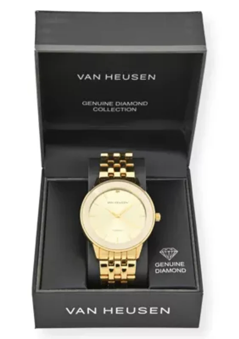 Van Heusen Adult Mens Analog Watch with Gold Case and Dial with Bracelet w Genuine Diamond at 12 Model# VAN8988