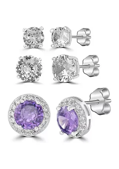 4 Millimeter & 6 Round Clear Cubic Zirconia Studs with 8 Amethyst Halo Stud Earrings Set Sterling Silver