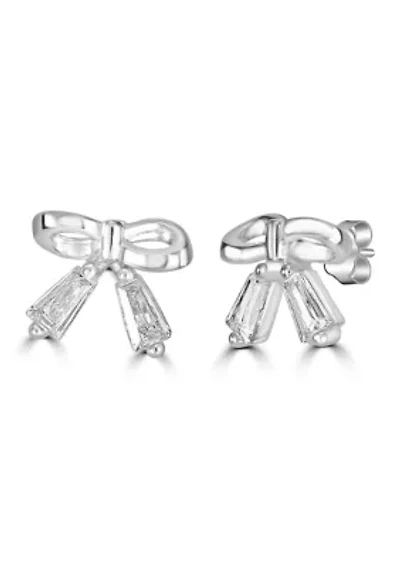 Sterling Silver Baguette Bow Cubic Zirconia Earrings