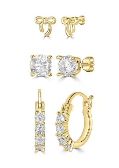Bow Cubic Zirconia Stud Hoop Trio Earring Set