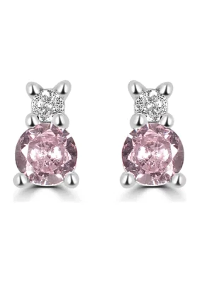 Sterling Silver Round Pink and Clear Cubic Zirconia Double Stack Stud Earrings