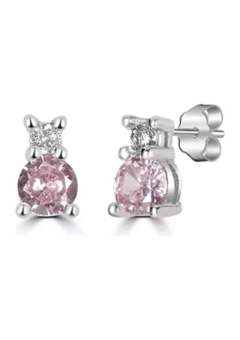 Sterling Silver Round Pink and Clear Cubic Zirconia Double Stack Stud Earrings