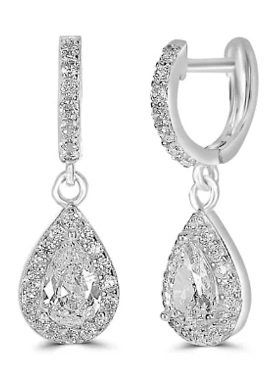 Sterling Silver Cubic Zirconia Pear Huggie Drop Earrings