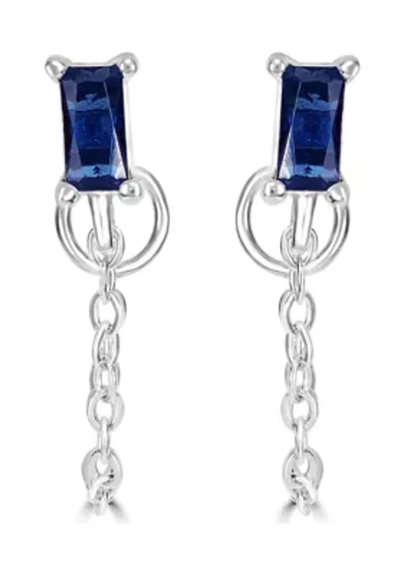 Sterling Silver Emerald Cut Sapphire Glass Stud Front to Back Chain Earrings