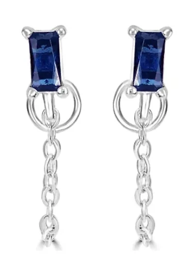 Sterling Silver Emerald Cut Sapphire Glass Stud Front to Back Chain Earrings