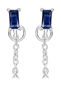 Sterling Silver Emerald Cut Sapphire Glass Stud Front to Back Chain Earrings