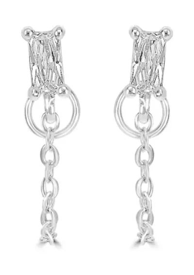 Sterling Silver Rectangle CZ Chain Stud Earrings