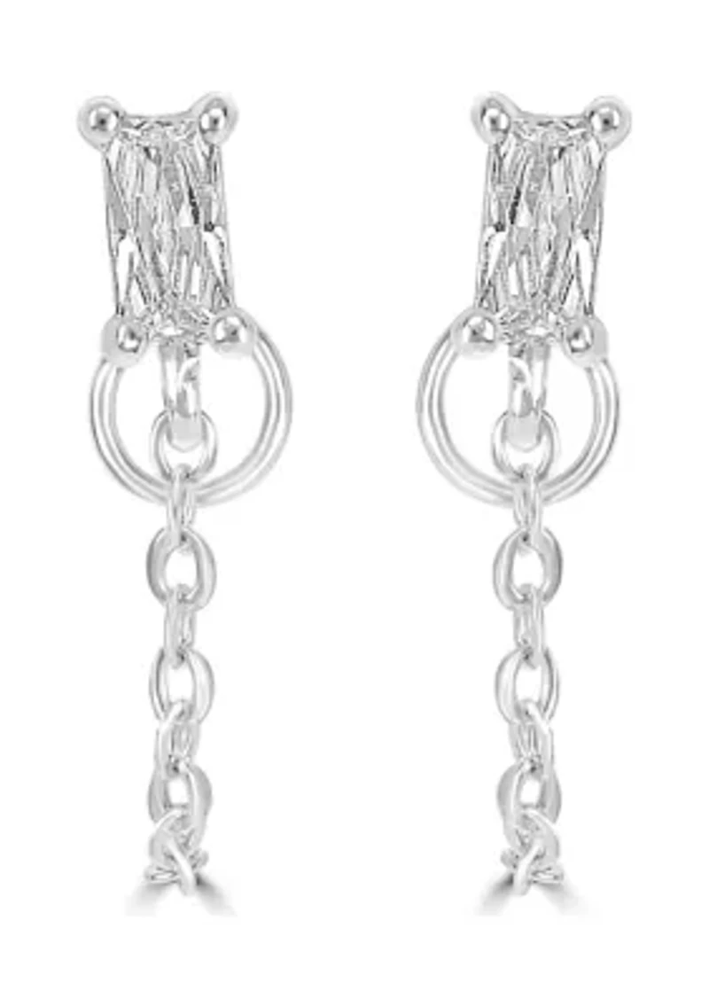 Sterling Silver Rectangle CZ Chain Stud Earrings