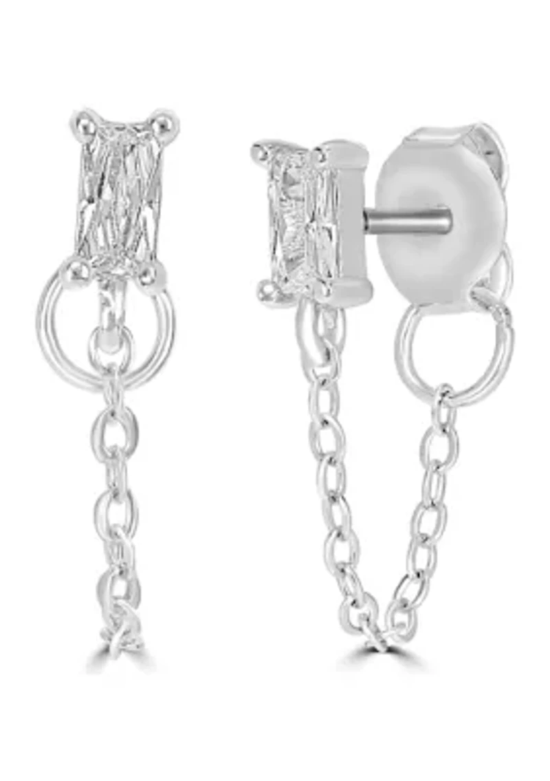 Sterling Silver Rectangle CZ Chain Stud Earrings